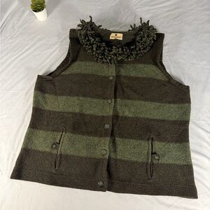 Woolrich 100% Lambs Wool Green Stripe Fringe Collar Button Up Vest - XXL